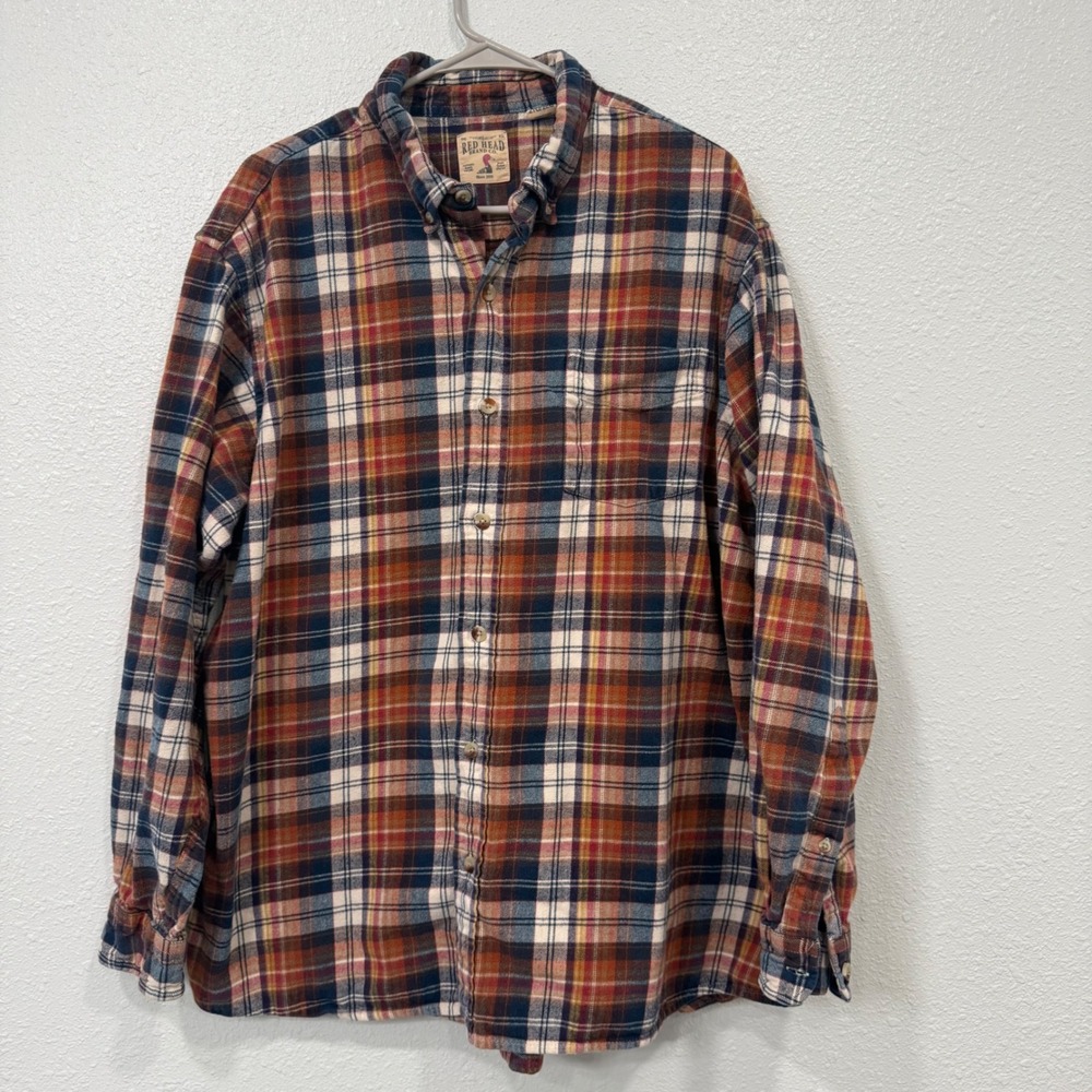 Red Head Brand Co Mens 2XL Plaid Flannel Shirt Orange Navy Blue Long Sleeve